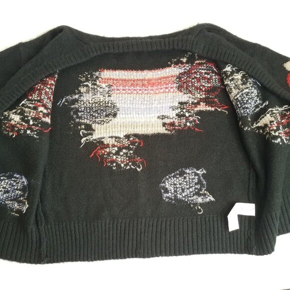 Forever 21 Black Floral Short Cardigan Sweater LARGE Red Blue Fuzzy Soft - Picture 10 of 15